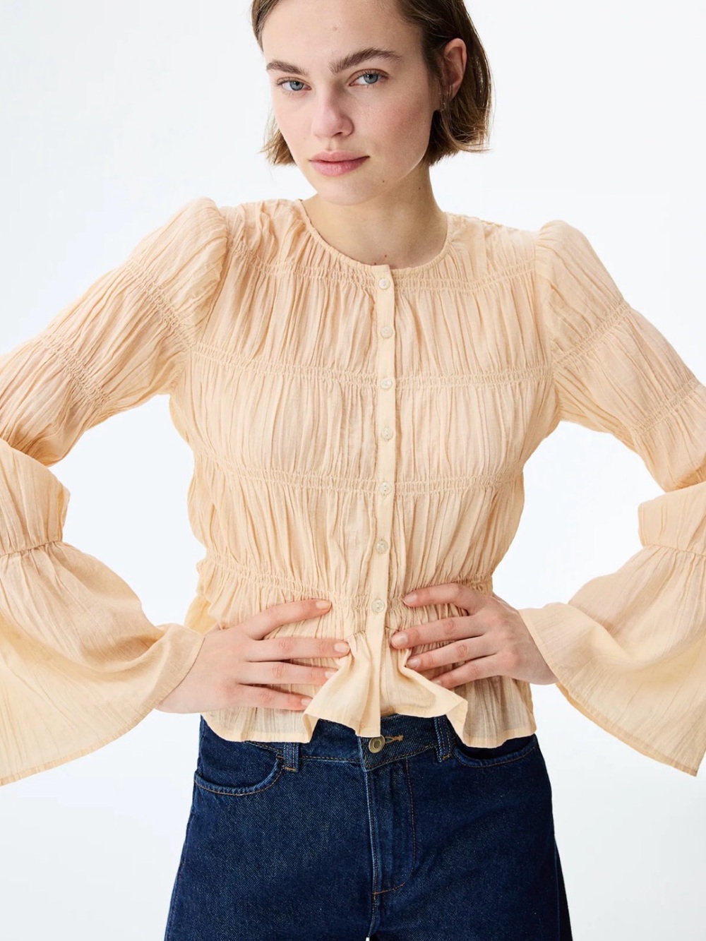H&M Divided 100% Cotton Peasant Button-Front Blouse in Soft Cream